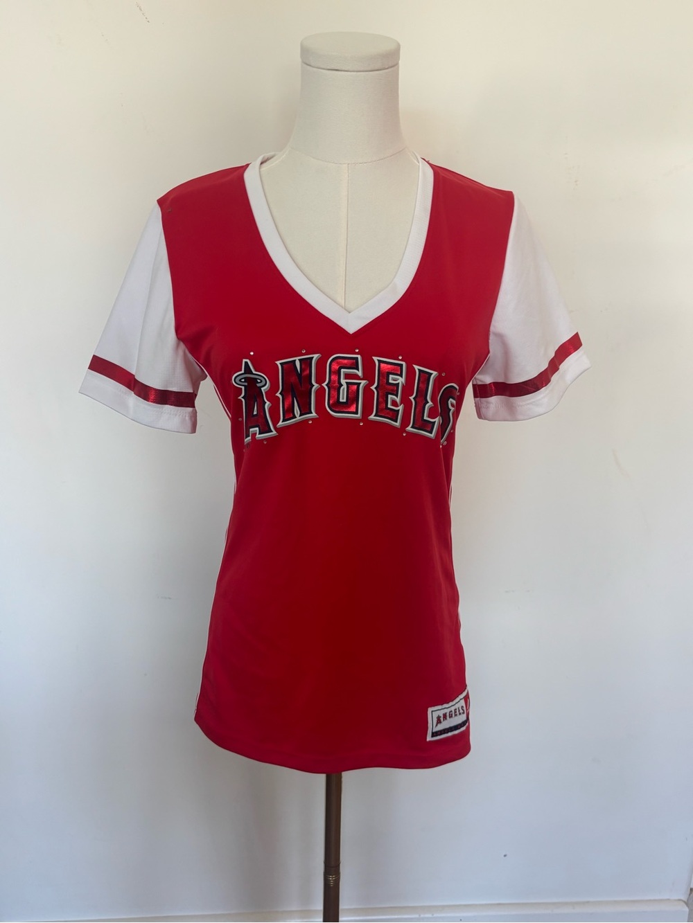 Majestic Red and White Angels V-Neck Women's Jersey